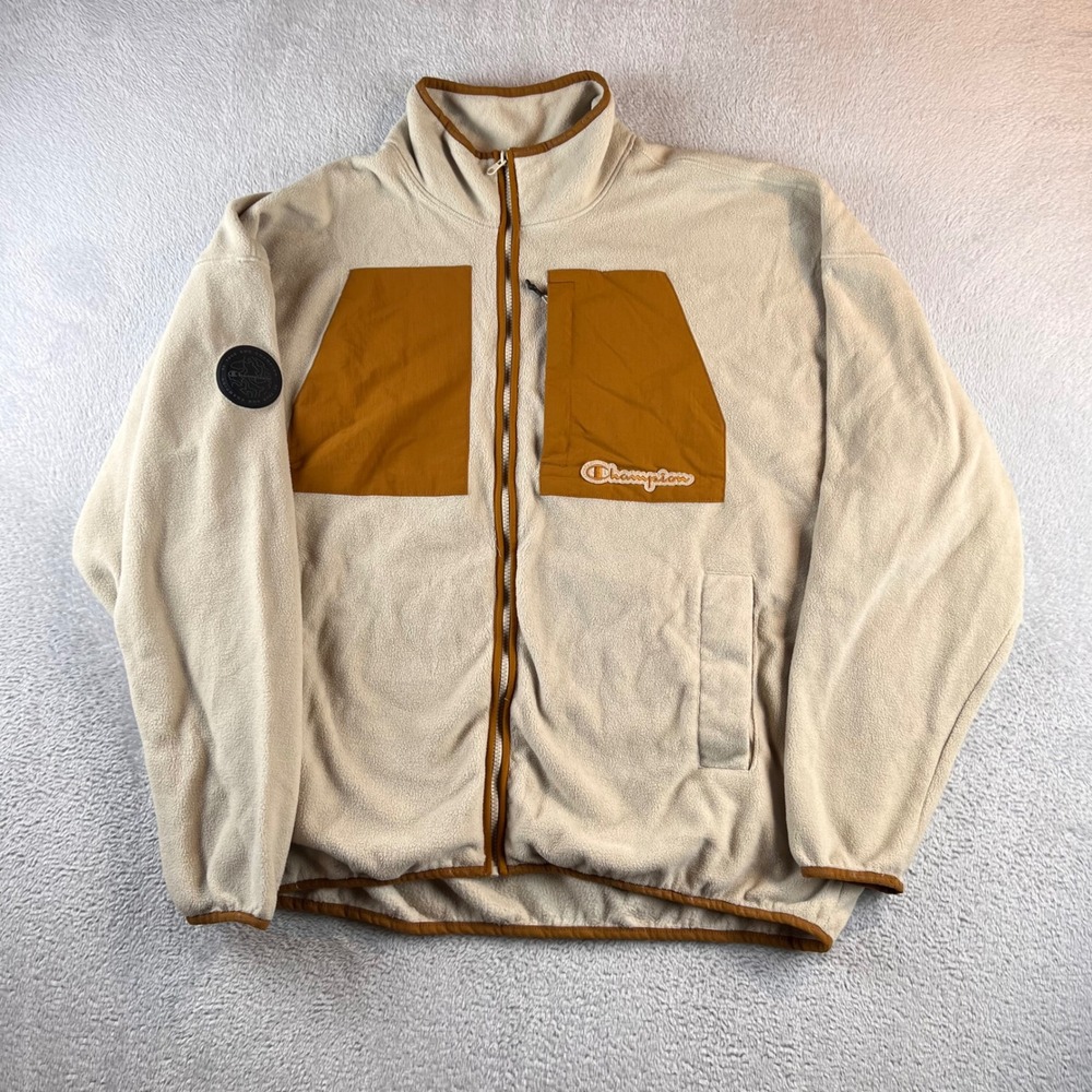 Champion Mens Full Zip Fleece Jacket Cream Tan XL Mock Neck Outdoor 1844